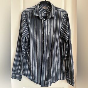 Murano men’s Slim Fit Navy and White Striped Button Down Shirt size large